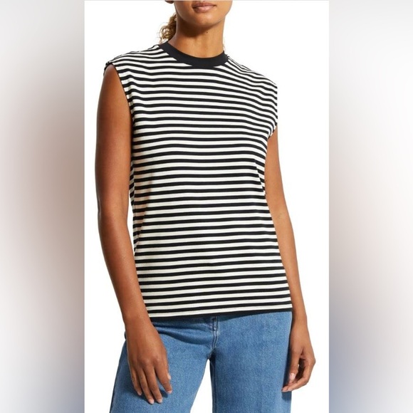Theory Muscle Tee Striped Sleeveless Cotton Tank Blouse Top Cream Black - Picture 1 of 4